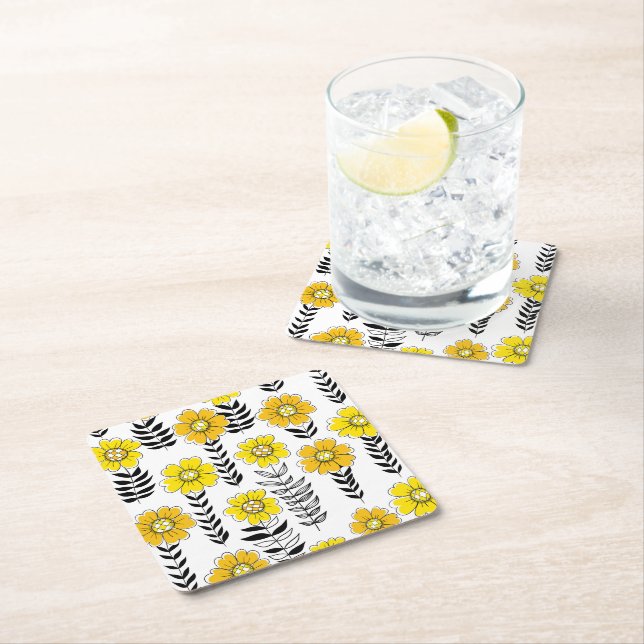 Daisy doodles  in yellow and black square paper coaster (Insitu)