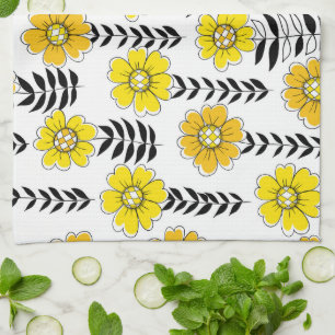 Daisy doodles  in yellow and black tea towel
