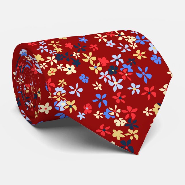 Daisy Dot Floral Burgundy Two-sided Printed Tie (Rolled)