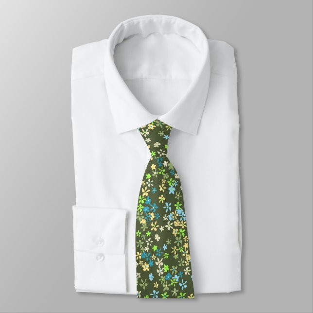 Daisy Dot Floral Olive Two-sided Printed Tie (Tied)