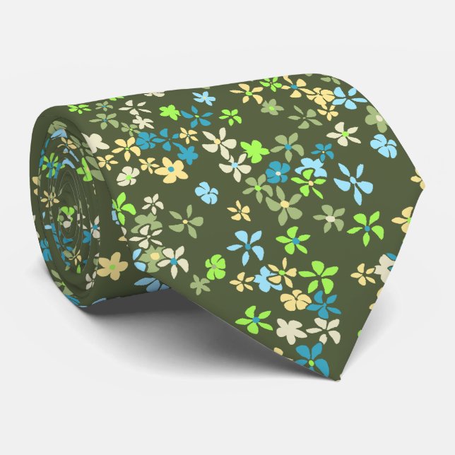 Daisy Dot Floral Olive Two-sided Printed Tie (Rolled)