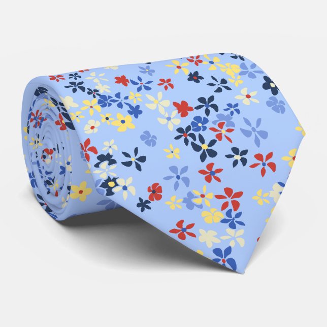 Daisy Dot Floral Sky Blue Two-sided Printed Tie (Rolled)