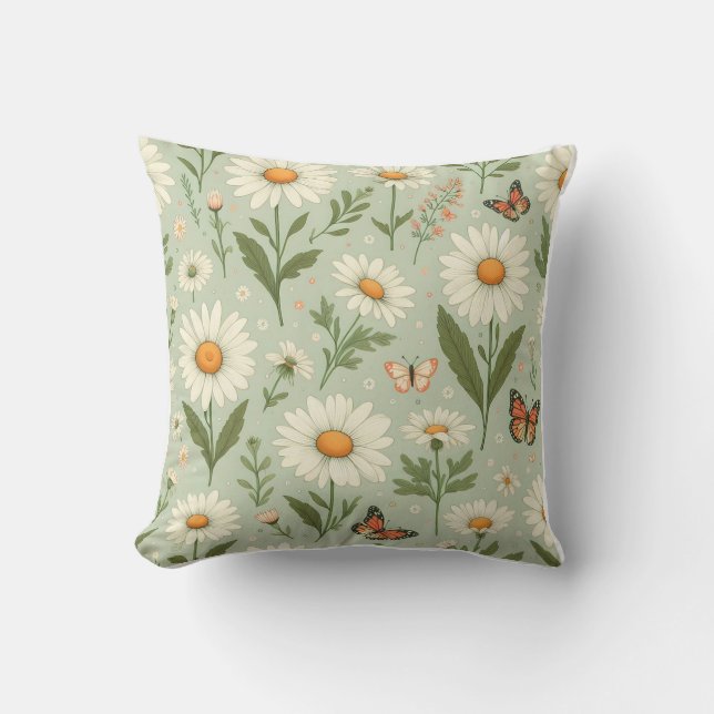 Daisy Dreams – Floral & Butterfly Throw Pillow (Front)