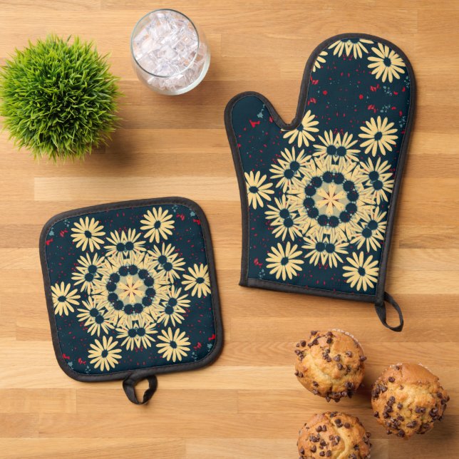 Daisy Dreams Mandala Oven Mitt & Pot Holder Set (Top Down)