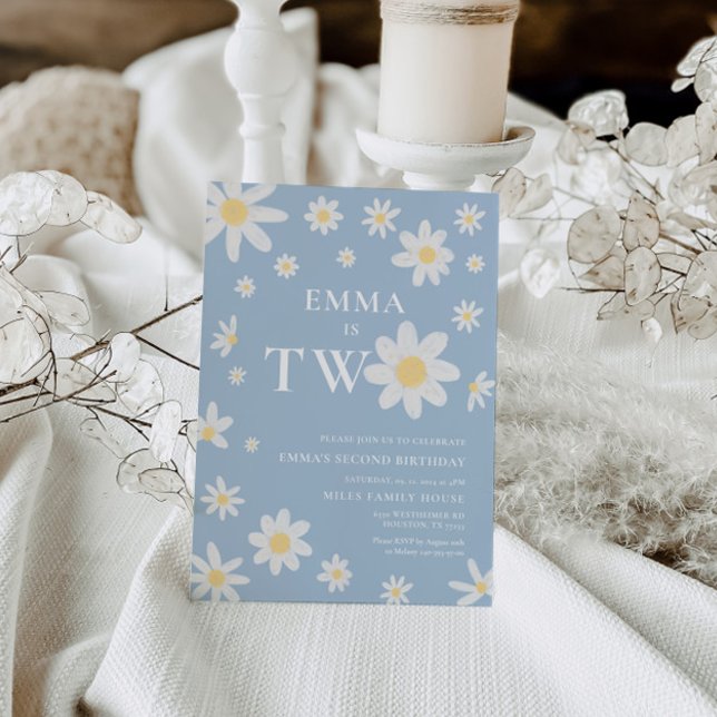 Daisy Dusty Blue Second 2nd Birthday Two Invitation (Creator Uploaded)
