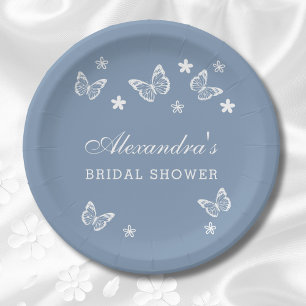 Daisy Dusty Blue White Butterfly Bridal Shower Paper Plate