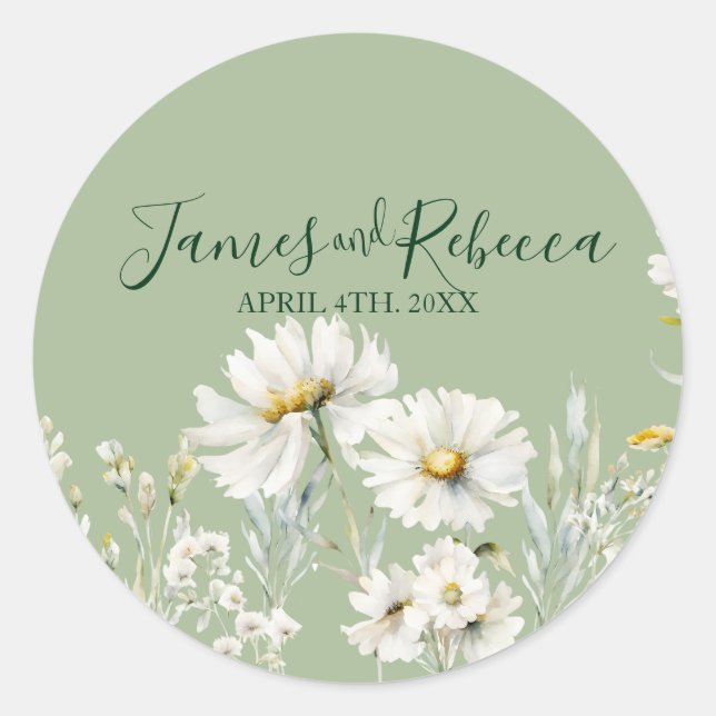 Daisy Earthy Sage & Botanical Greenery Classic Round Sticker (Front)