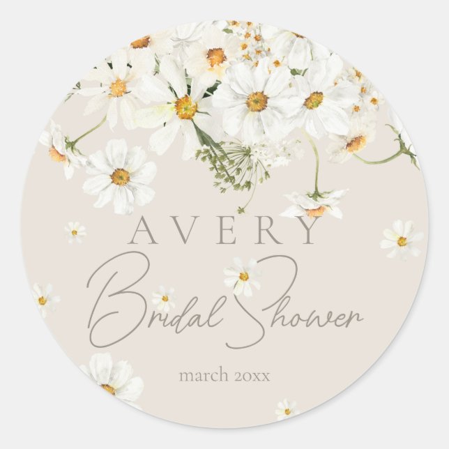 Daisy Elegant Wildflower Modern Bridal Shower Classic Round Sticker (Front)