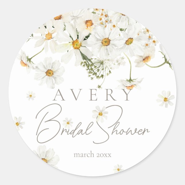 Daisy Elegant Wildflower Modern Bridal Shower Classic Round Sticker (Front)