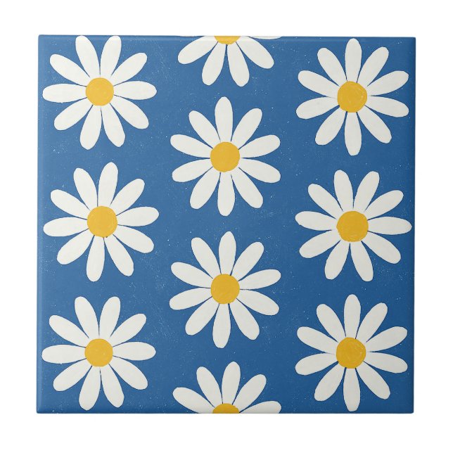 Daisy Field in Blue Ceramic Tile (Front)