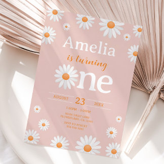 Daisy First Birthday Invitation, Boho Pink Floral Invitation