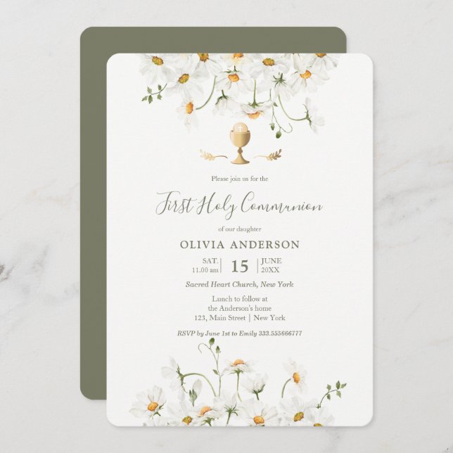 Daisy First Communion  Floral Invitation (Front/Back)