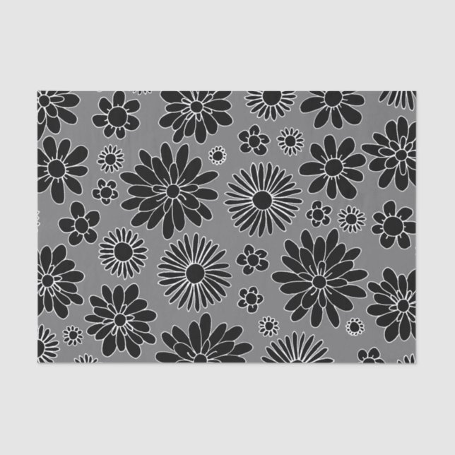 Daisy Floral Black and Grey Pattern Tissue Paper (Front)