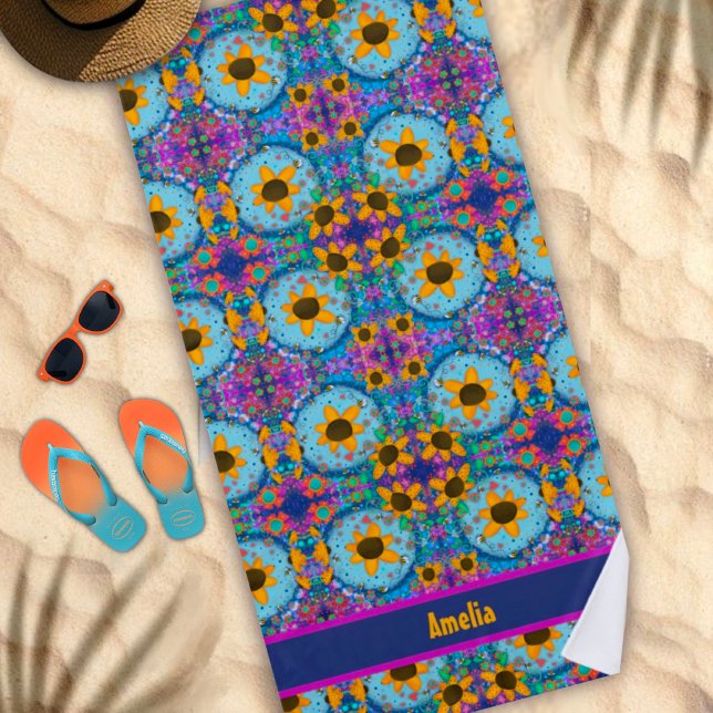 Daisy Floral Blue Custom Name Pattern Trendy Beach Towel (Creator Uploaded)