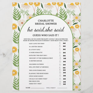 Daisy Floral He said She said Bridal Shower Game Flyer