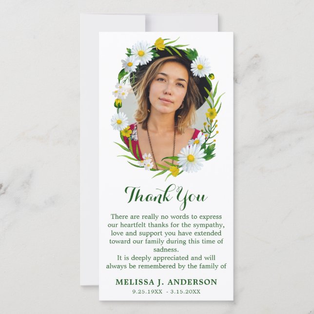 Daisy Floral Memorial Photo Sympathy Funeral  Thank You Card (Front)