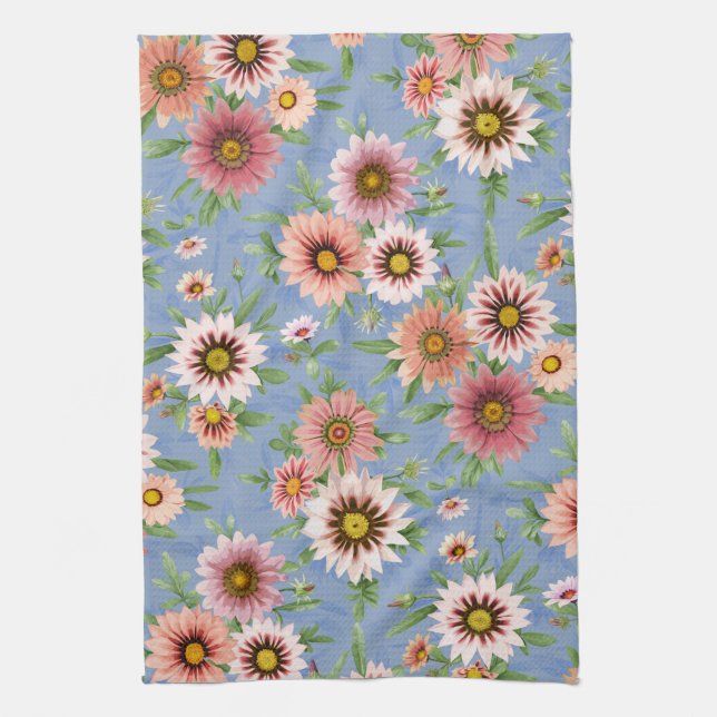 Daisy Floral on Blue Tea Towel (Vertical)