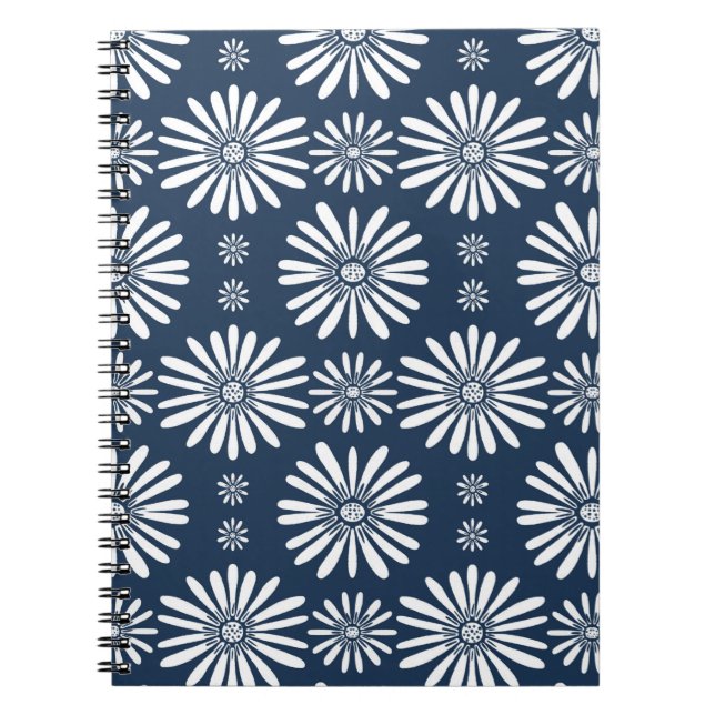 Daisy Floral Pattern Blue White Notebook (Front)