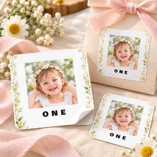 Daisy Floral Photo 1st Birthday Favour Stickers