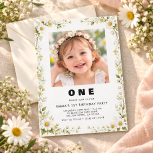 Daisy Floral Photo 1st Birthday Invitation