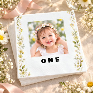 Daisy Floral Photo 1st Birthday Napkins