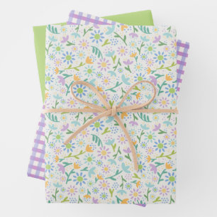Daisy Floral & Purple Gingham Wrapping Paper Sheet