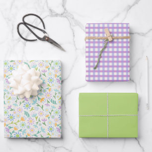 Daisy Floral & Purple Gingham Wrapping Paper Sheet