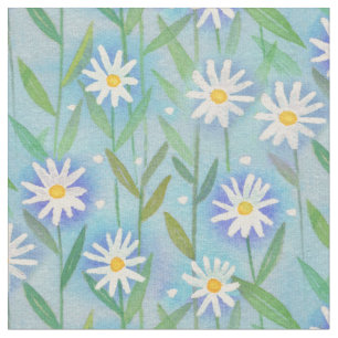 Daisy Floral White Blue Aqua Fabric