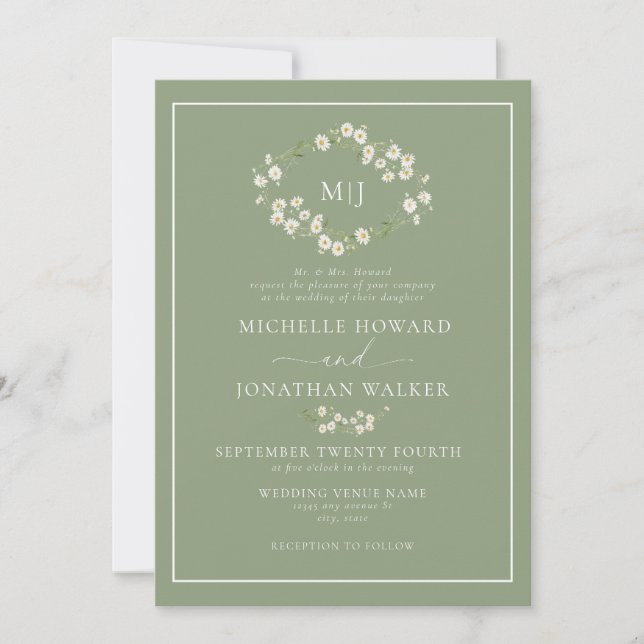 Daisy Floral Wreath Formal Elegant Script  Wedding Invitation (Front)