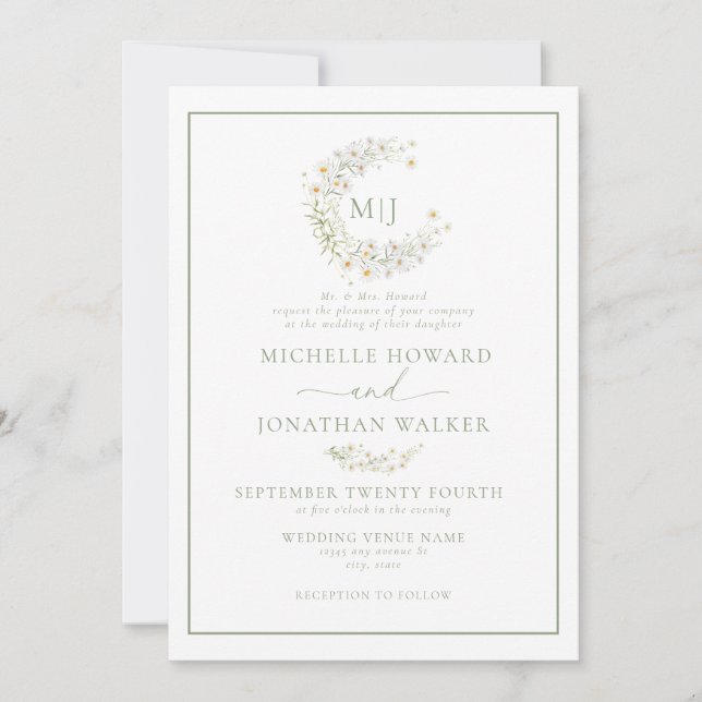 Daisy Floral Wreath Formal Elegant Script  Wedding Invitation (Front)