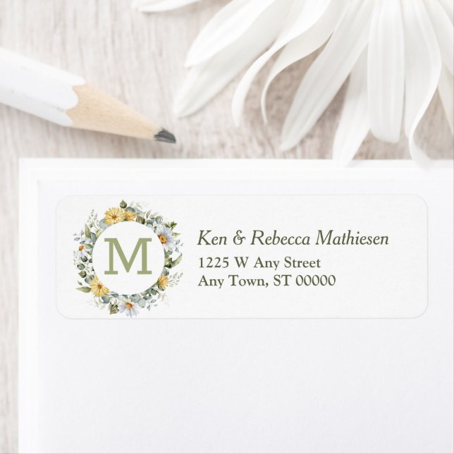Daisy Floral Wreath Monogram Return Address Label (Insitu)