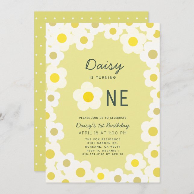 Daisy Floral Yellow 1st Birthday Invitation (Front/Back)