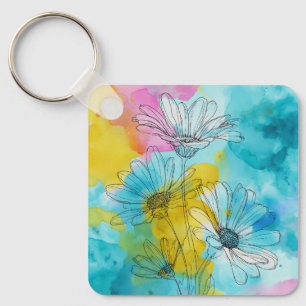 Daisy Flower Aluminum Square Keychain Gift