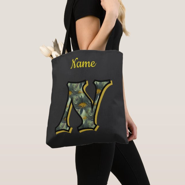 Daisy Flower Art Monogram Initial N Personalised Tote Bag (Close Up)