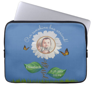 Daisy flower birth announcement personalised photo laptop sleeve