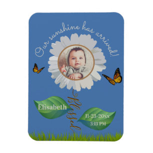 Daisy flower birth announcement personalised photo magnet
