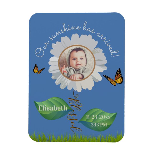 Daisy flower birth announcement personalised photo magnet (Vertical)