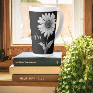 Daisy Flower Black and White Name Latte Mug