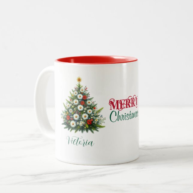 Daisy Flower Christmas Tree Merry Christmas Name Two-Tone Coffee Mug (Front Left)