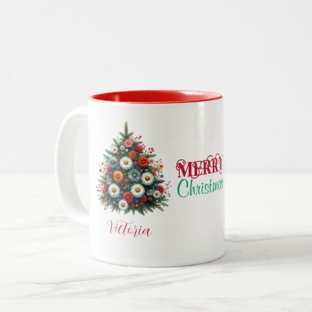 Daisy Flower Christmas Tree Merry Christmas Name Two-Tone Coffee Mug (Front Left)