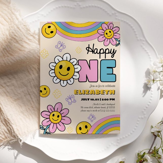 Daisy Flower Groovy First Birthday Invitation Card (Creator Uploaded)