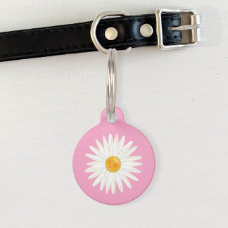 Daisy Flower Illustrated On Pink With Dog's Info Pet Tag