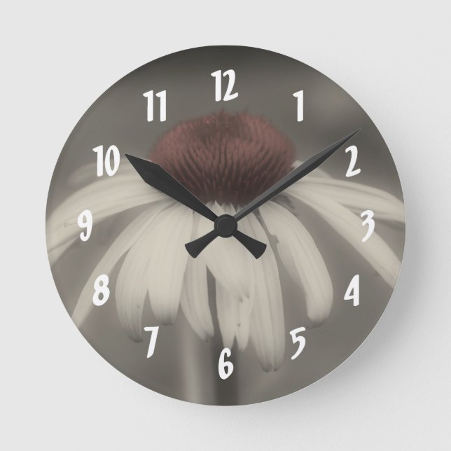 Daisy Flower In Black And White Round Clock (Front)
