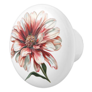 Daisy Flower In Red White Ceramic Knob