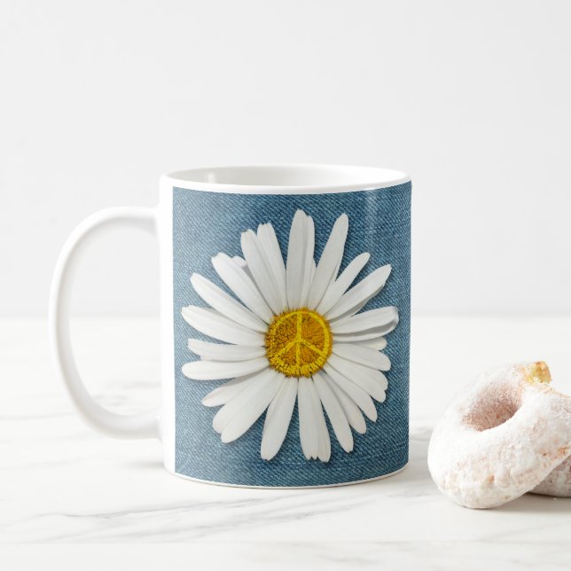 Daisy Flower Inner Peace Symbol Sign Hippie Denim Coffee Mug (With Donut)