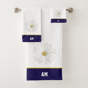 Daisy Flower & monogram on navy blue & white bath Towel Set