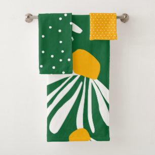 Daisy Flower Pattern Green Yellow Bold Bath Towel Set