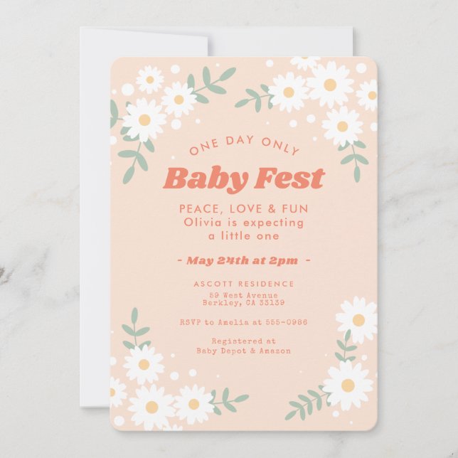 Daisy Flower Peach Music Festival Baby Shower Invitation (Front)