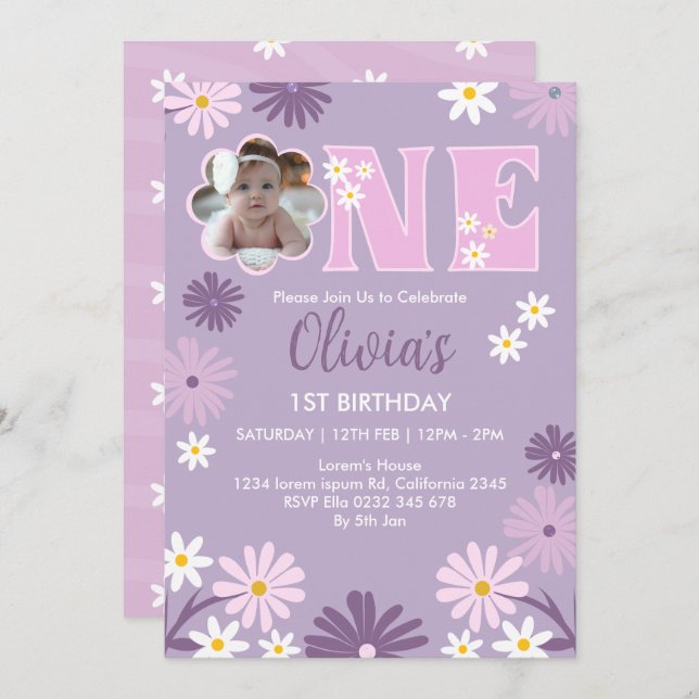 Daisy Flower Photo One Girl 1st Birthday Invitation (Front/Back)