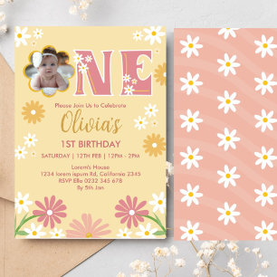 Daisy Flower Photo One Girl 1st Birthday Invitation